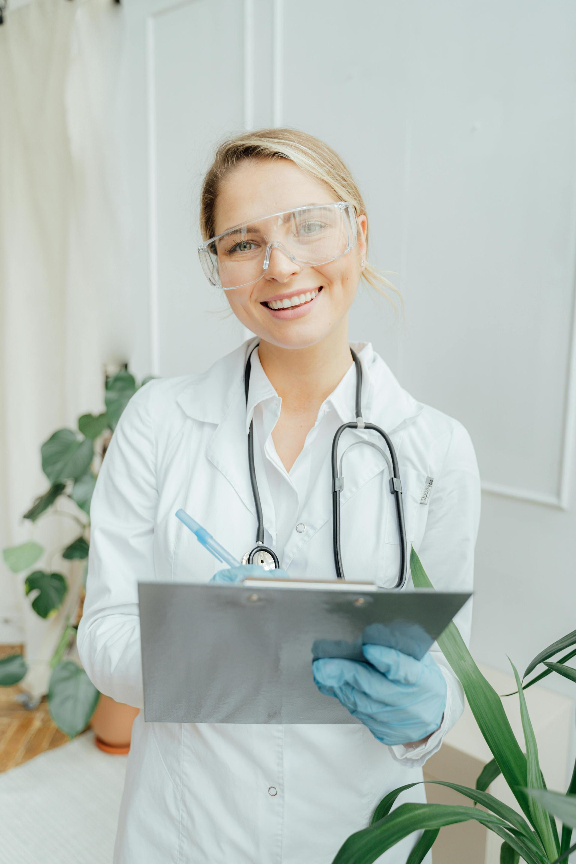 A female healthcare professional wearing a white coat, stethoscope, safety glasses, and blue gloves smiles while holding a clipboard in a well-lit room with plants.