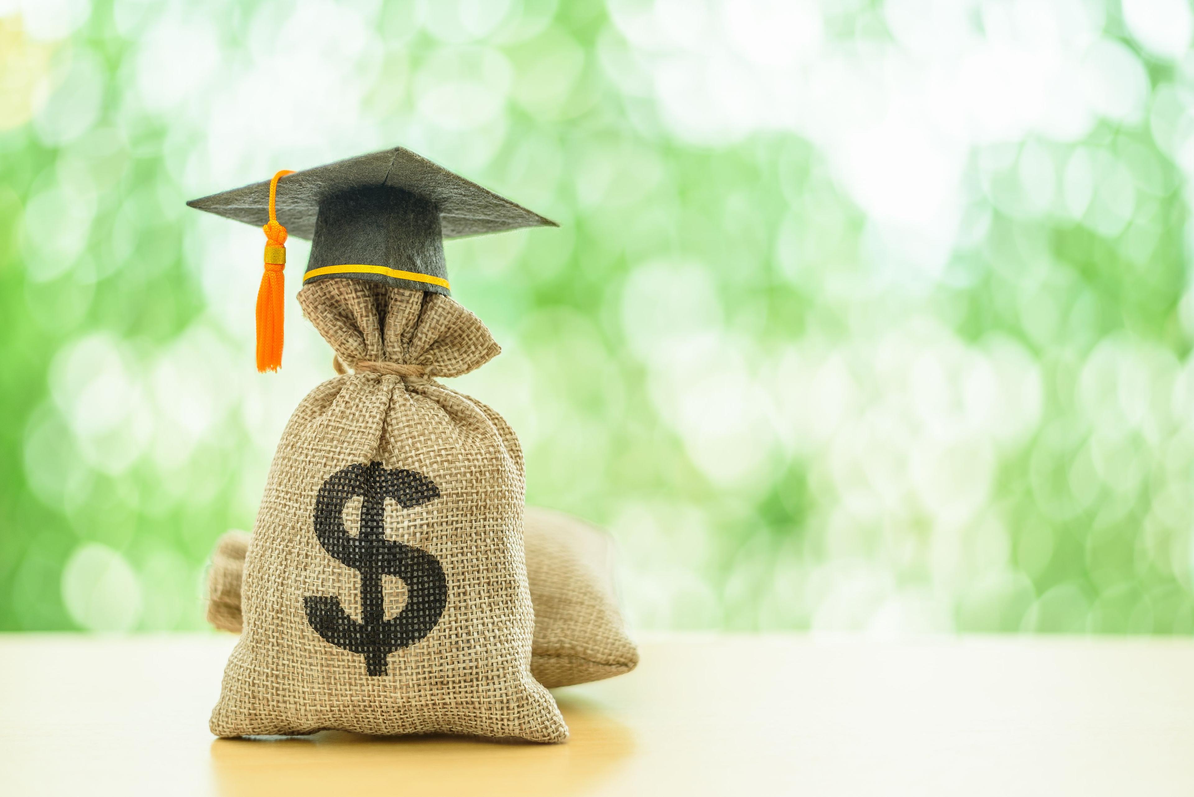 A money bag adorned with a graduation cap, symbolizing financial success and achievement in education.