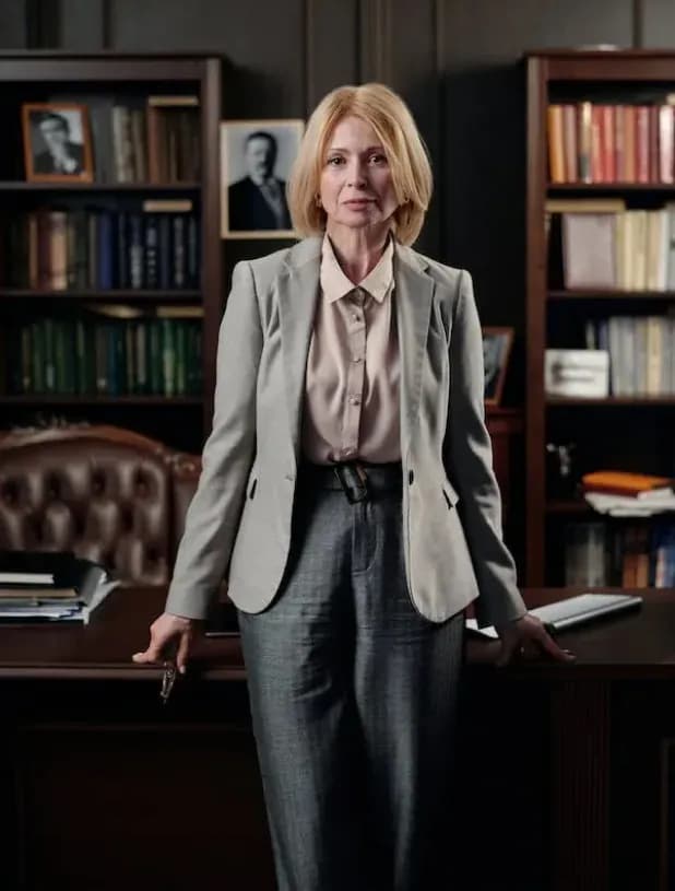 A confident woman stands in an office, dressed in a light gray blazer and trousers. She leans against a desk, with bookshelves and framed photos in the background, suggesting an academic or professional setting.